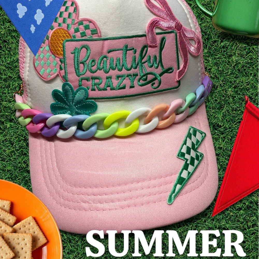 Pink Cap with Colorful Chain and Embroidery